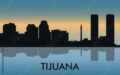 Tijuna. The city skyline. Silhouettes of buildings. The sunset of the day. Vector on a blue background	
