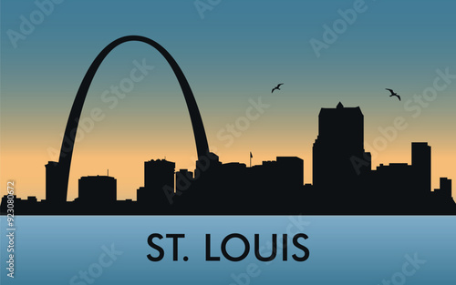 St. Louis. The city skyline. Silhouettes of buildings. The sunset of the day. Vector on a blue background	