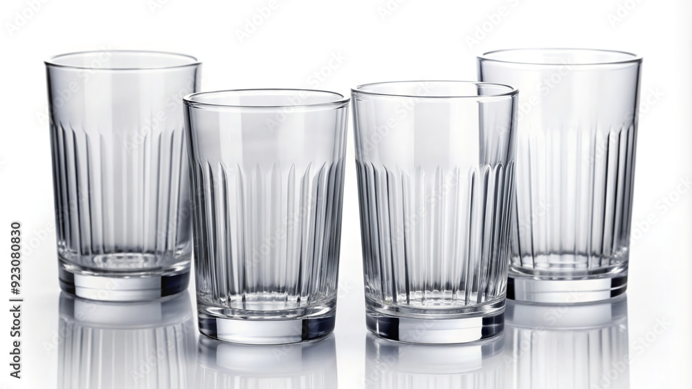 Clear Glass Tumblers: A quartet of clear glass tumblers, each with a unique design, stand tall against a white backdrop, inviting you to imagine the refreshing drinks they will hold.  