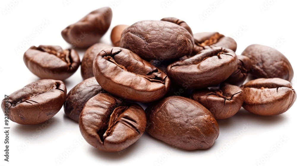 A pile of roasted coffee beans isolated on a white background, displaying rich textures and creases indicative of their full roasting process. A pile of roasted coffee beans isolated on a white background, displaying rich textures and creases indicative of their full roasting process.