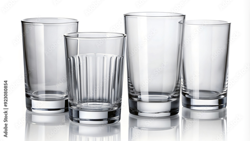 Clear Glass Tumblers: A quartet of clear glass tumblers, each with a unique design, stand tall against a white backdrop, inviting you to imagine the refreshing drinks they will hold. Clear Glass Tumblers: A quartet of clear glass tumblers, each with a unique design, stand tall against a white backdrop, inviting you to imagine the refreshing drinks they will hold.
