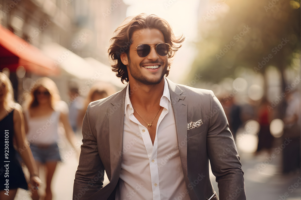 A man in a suit and sunglasses is smiling and walking down a street A man in a suit and sunglasses is smiling and walking down a street