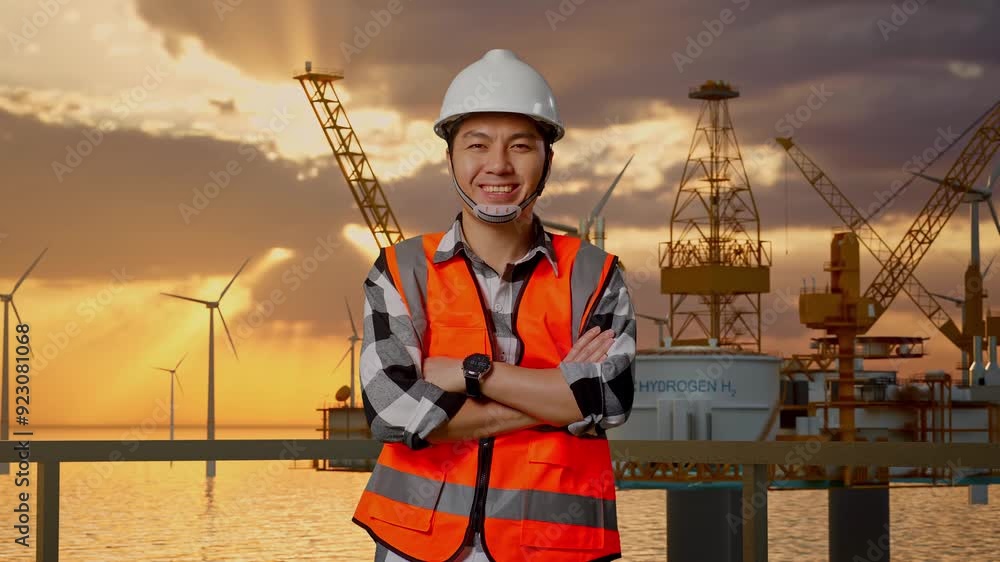 Asian Male Engineer With Safety Helmet Crossing His Arms And Smiling To Camera While Standing With Offshore Hydrogen Production Asian Male Engineer With Safety Helmet Crossing His Arms And Smiling To Camera While Standing With Offshore Hydrogen Production