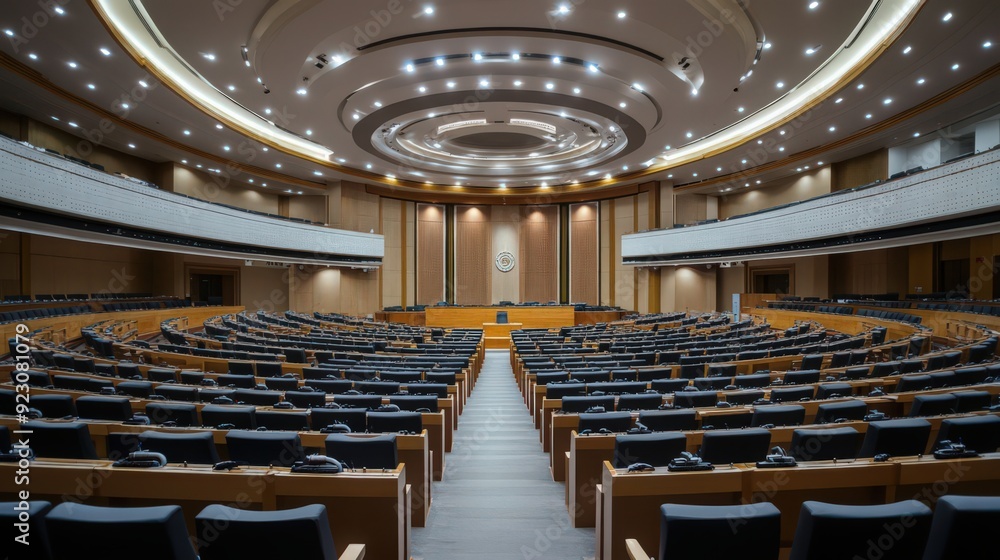 Naklejka premium The interior of a legislative assembly hall with rows of seats, a central podium,