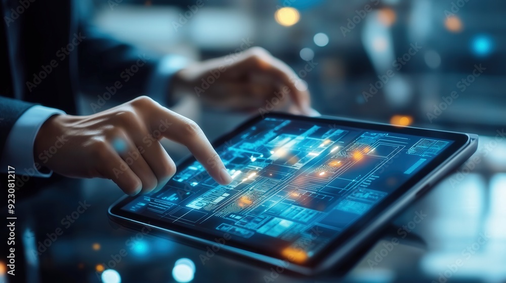 Hands of businessman holding touching tablet on table working with hi-tech business data interface at office Hands of businessman holding touching tablet on table working with hi-tech business data interface at office