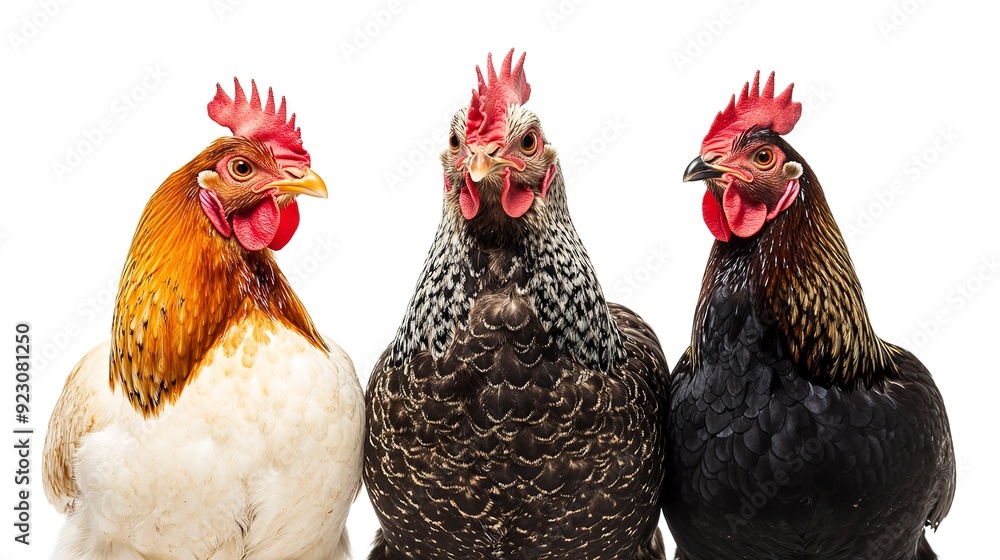 Naklejka premium A group of three hens standing side by side, isolated on a white background.