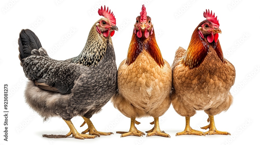 A group of three hens standing side by side, isolated on a white background. A group of three hens standing side by side, isolated on a white background.