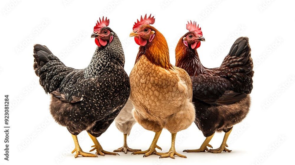 A group of three hens standing side by side, isolated on a white background. A group of three hens standing side by side, isolated on a white background.