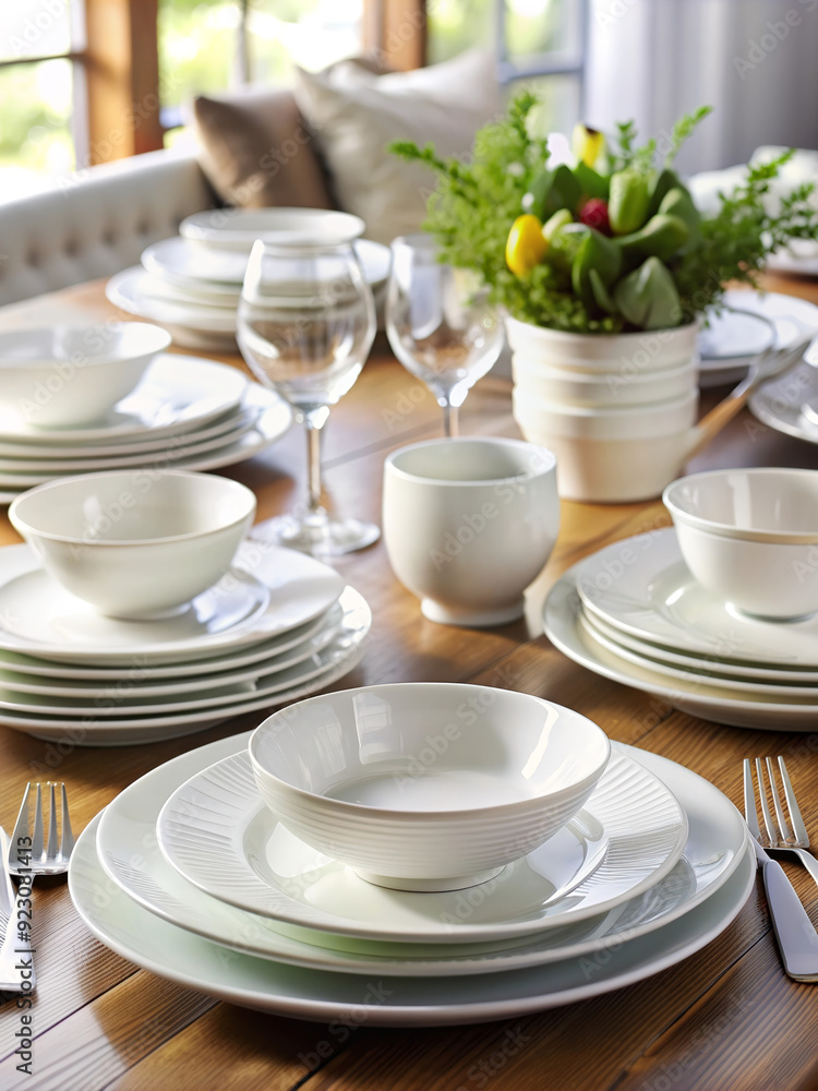 Timeless Elegance: A pristine white dinnerware set, adorned with delicate gold rims, graces a rustic wooden table, promising elegant dining experiences Timeless Elegance: A pristine white dinnerware set, adorned with delicate gold rims, graces a rustic wooden table, promising elegant dining experiences