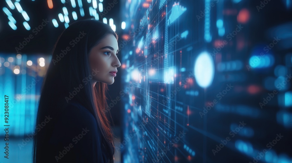 Businesswoman looking at futuristic screen with hi-tech glowing hologram chart graph business data analysis in dark room Caucasian female long hair Businesswoman looking at futuristic screen with hi-tech glowing hologram chart graph business data analysis in dark room Caucasian female long hair