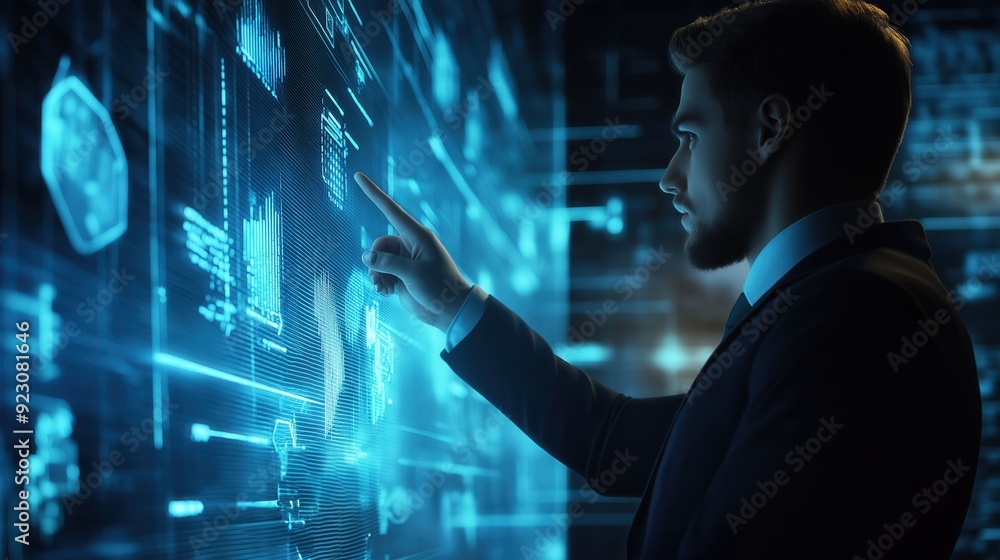 Businessman pointing at futuristic screen with hi-tech glowing hologram candle charts graphs business data in dark room Caucasian male in suit Businessman pointing at futuristic screen with hi-tech glowing hologram candle charts graphs business data in dark room Caucasian male in suit