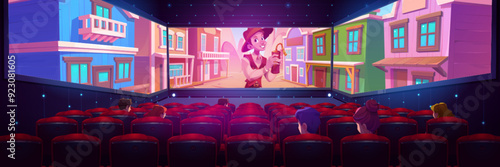 Cinema hall interior with red seats and western film on screen. Cartoon vector back view on people in movie theater auditorium with velvet chair rows and wild west motion picture on wide display.