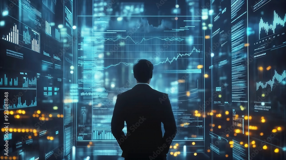 Businessman looking at futuristic screen with glowing hologram charts graphs massive amount of business data in dark room Caucasian male in suit Businessman looking at futuristic screen with glowing hologram charts graphs massive amount of business data in dark room Caucasian male in suit