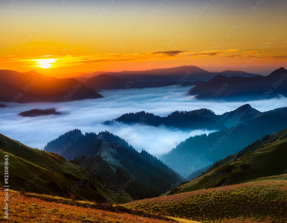 Fototapeta premium Landscape with sunset over the mountains with fog in the valley