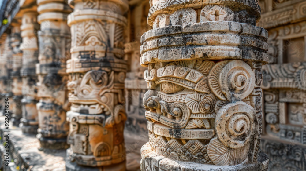 The intricate carvings on the columns of the Temple of the Warriors at Chichen Itza, showcasing Maya artistry The intricate carvings on the columns of the Temple of the Warriors at Chichen Itza, showcasing Maya artistry