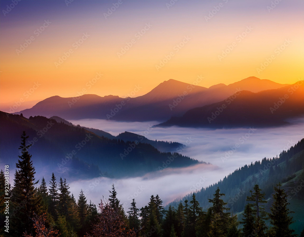 Landscape with sunset over the mountains with fog in the valley Landscape with sunset over the mountains with fog in the valley