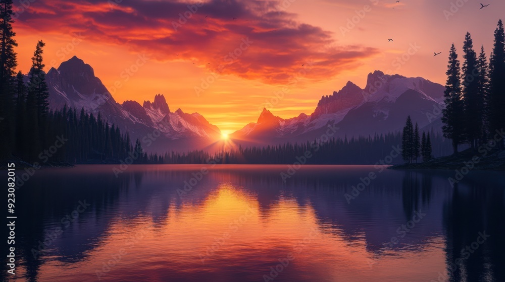 Majestic Mountain Sunrise Over Tranquil Lake - A stunning sunrise illuminates the mountains and reflects on a calm lake, creating a peaceful and vibrant natural scene. Majestic Mountain Sunrise Over Tranquil Lake - A stunning sunrise illuminates the mountains and reflects on a calm lake, creating a peaceful and vibrant natural scene.