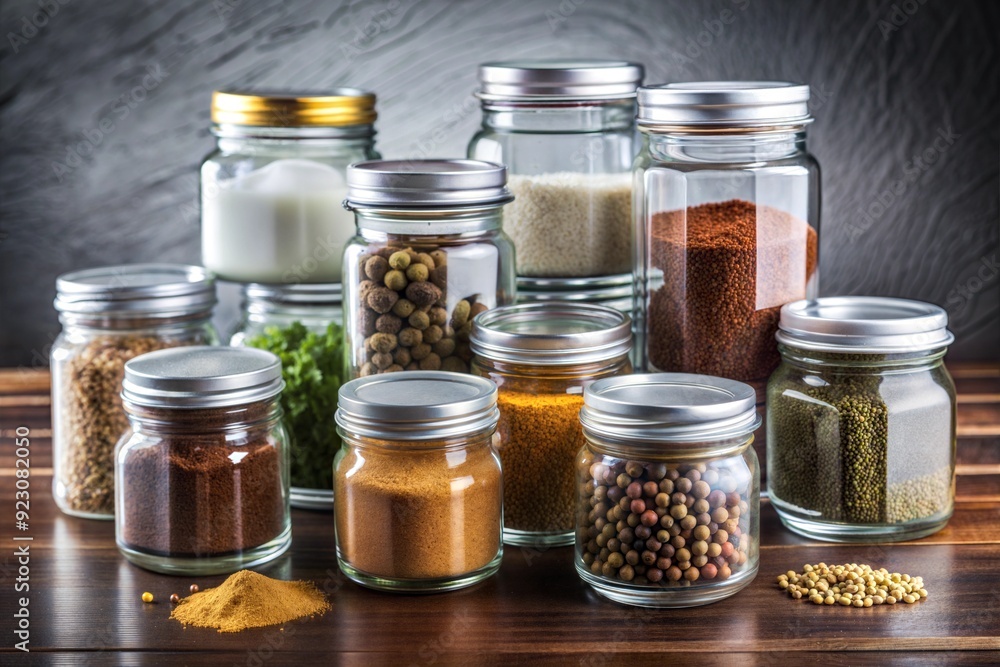 Spice Up Your Life: A captivating still life of assorted spices in glass jars, arranged against a rustic wooden backdrop. The vibrant colors and textures of the spices evoke a sense of warmth, invitin Spice Up Your Life: A captivating still life of assorted spices in glass jars, arranged against a rustic wooden backdrop. The vibrant colors and textures of the spices evoke a sense of warmth, invitin