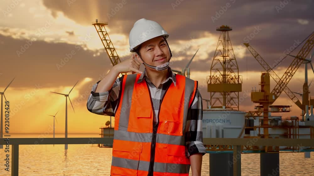 Asian Male Engineer With Safety Helmet Smiling To Camera And Making Call Me Gesture While Standing With Offshore Hydrogen Production Asian Male Engineer With Safety Helmet Smiling To Camera And Making Call Me Gesture While Standing With Offshore Hydrogen Production