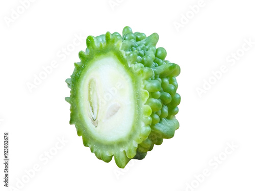 A bitter gourd slice, showing seed, isolated on a transparent background. Vegetable isolated png element.