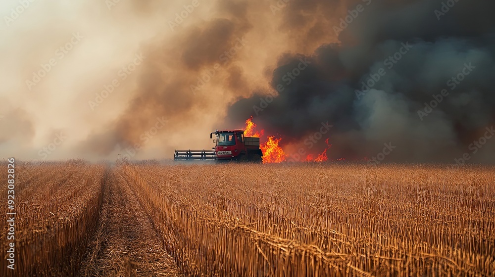 Fototapeta premium A burning combine harvester in a field of harvested crops with smoke billowing in the background.