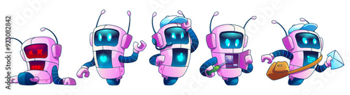Cute ai robot with hands on wheel in different poses. Cartoon vector chatbot mascot with screen on body showing various face emotions - love and like, error and fast mail delivery, repair himself.