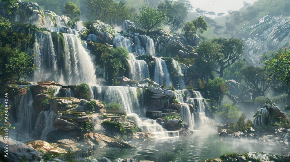 The majestic waterfall cascades down a rocky cliff, with the water creating a series of sparkling pools The majestic waterfall cascades down a rocky cliff, with the water creating a series of sparkling pools