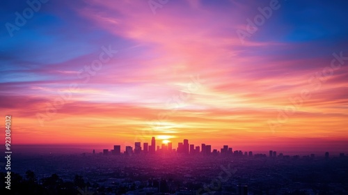 A breathtaking cityscape at sunset, buildings silhouetted against the vibrant colors of the sky