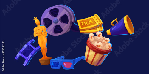 Cinema icons composition with golden Oscar trophy statue, film tape piece and roll on reel, two ticket for movie and 3d glasses, popcorn in paper bucket and megaphone on dark blue background.