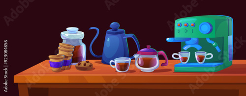 Barista coffee making setup with utensil and equipment on wooden table surface - espresso machine, hot drink in kettle and cups, glass container with ground beans, paper takeaway mug and cookie.
