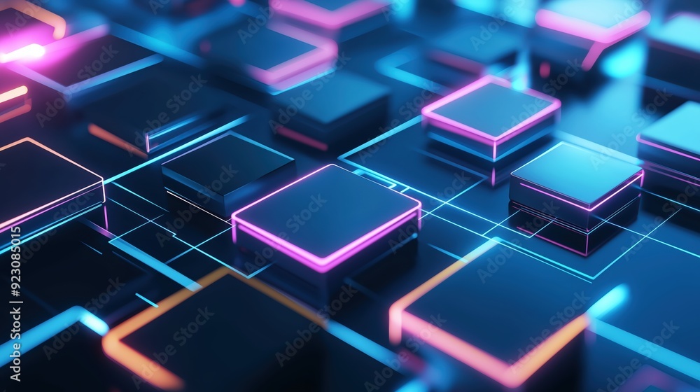 Obraz premium Search engine data flow represented as 3D geometric shapes, in neon colors, Search Engine, data visualization