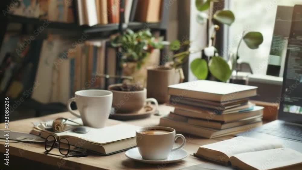 Work desk with books and a cup of coffee Work desk with books and a cup of coffee