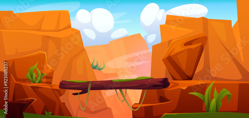 Wood log bridge on mountain cliff suspension edges over chasm in desert landscape with blue cloudy sky and green grass. Cartoon vector footbridge connection for extreme crossing of brown canyon.