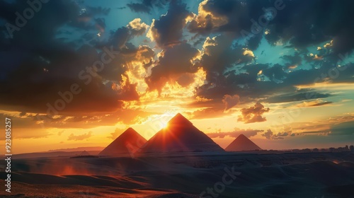 Wallpaper Mural The Pyramids of Giza silhouetted against a dramatic sunset, casting long shadows and creating a stunning contrast Torontodigital.ca