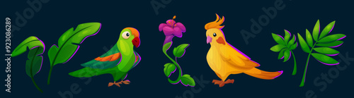 Bright colorful parrots, tropical leaves and flower. Cartoon vector illustration set of cute jungle yellow and green birds and plants. Exotic childish animals for botanical summer time design.