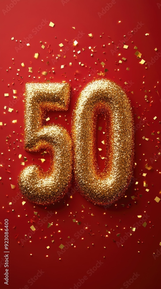 Golden number 50 in glitter with confetti on red background Golden number 50 in glitter with confetti on red background