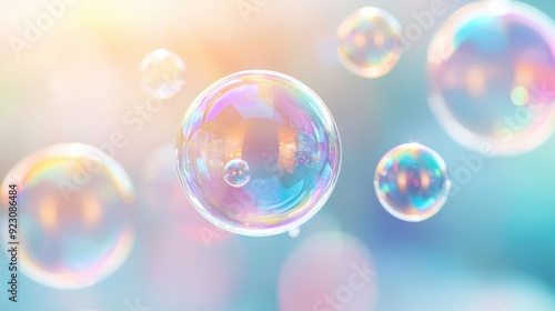 Close-up of iridescent soap bubbles floating in the air against a soft, colorful background.