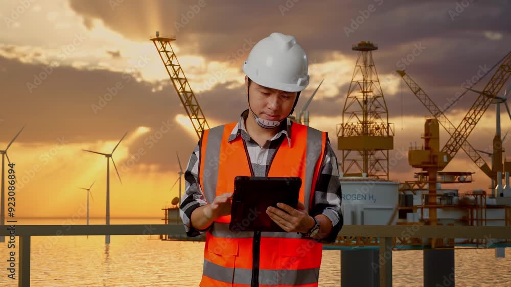 Asian Male Engineer With Safety Helmet Working On A Tablet While Standing With Offshore Hydrogen Production Asian Male Engineer With Safety Helmet Working On A Tablet While Standing With Offshore Hydrogen Production