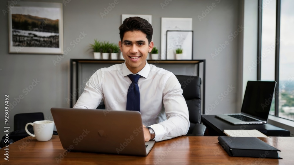 young business man working at her desk with laptop young business man working at her desk with laptop