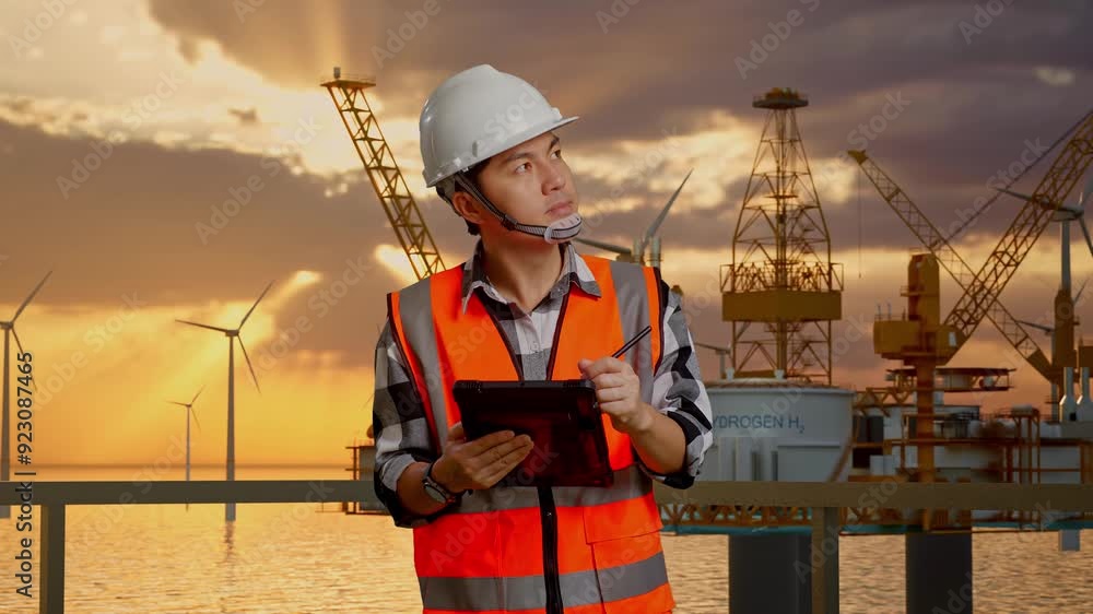 Asian Male Engineer With Safety Helmet Taking Note On The Tablet And Looking Around While Standing With Offshore Hydrogen Production Asian Male Engineer With Safety Helmet Taking Note On The Tablet And Looking Around While Standing With Offshore Hydrogen Production