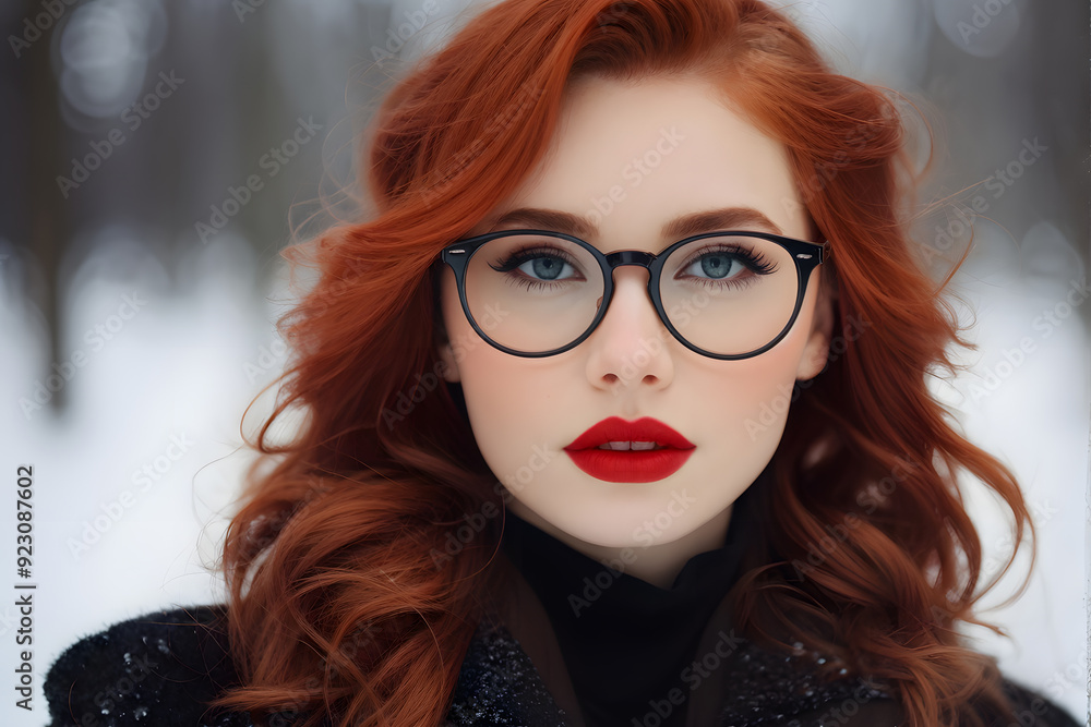 A woman with red hair and glasses is wearing a black coat and a red lipstick A woman with red hair and glasses is wearing a black coat and a red lipstick