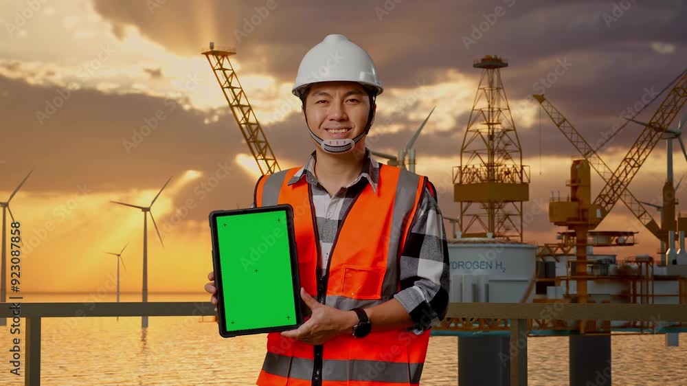 Asian Male Engineer With Safety Helmet Smiling And Showing Green Screen Tablet To The Camera While Standing With Offshore Hydrogen Production Asian Male Engineer With Safety Helmet Smiling And Showing Green Screen Tablet To The Camera While Standing With Offshore Hydrogen Production