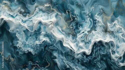 Abstract swirling blue and white waves with intricate textures resembling ocean currents