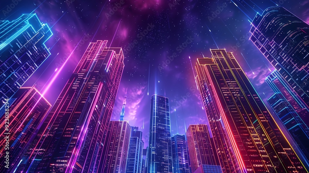 Obraz premium Luminescent Metropolis. Futuristic cityscape illuminated by vibrant lights at night concept