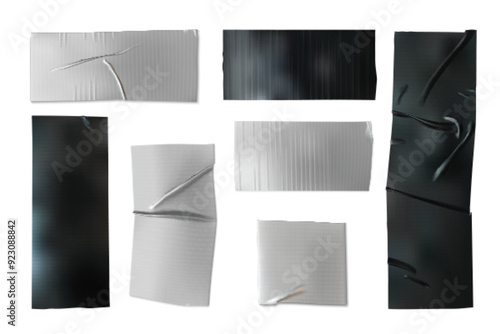 Wrinkled duct tape pieces set isolated on white background. Vector realistic illustration of black and silver stickers attached to surface, crumpled bandage for repairs, sticky scotch, ripped strips