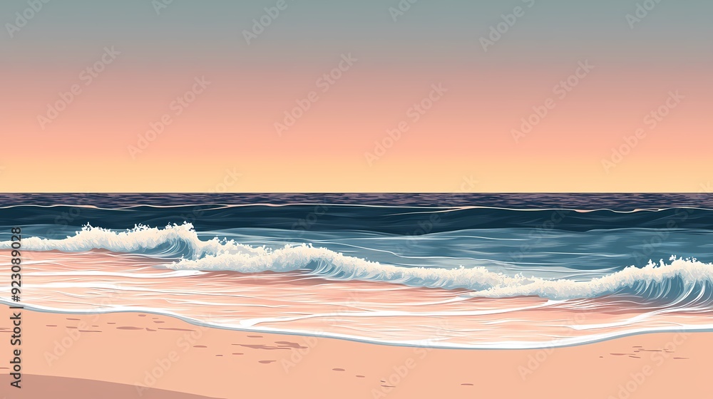 A beautiful ocean sunset over a sandy beach with waves crashing on the shore. A beautiful ocean sunset over a sandy beach with waves crashing on the shore.