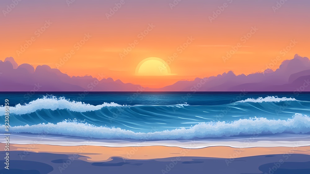 Beautiful sunset over the ocean with rolling waves. Beautiful sunset over the ocean with rolling waves.