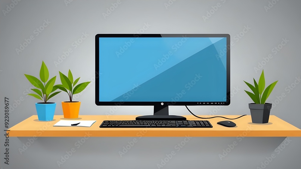 A simple desktop setup with a computer, keyboard, mouse and two plants on a desk. A simple desktop setup with a computer, keyboard, mouse and two plants on a desk.