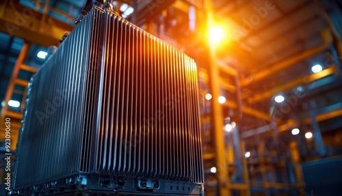 Closeup of a large industrial transformer in a factory setting. photo