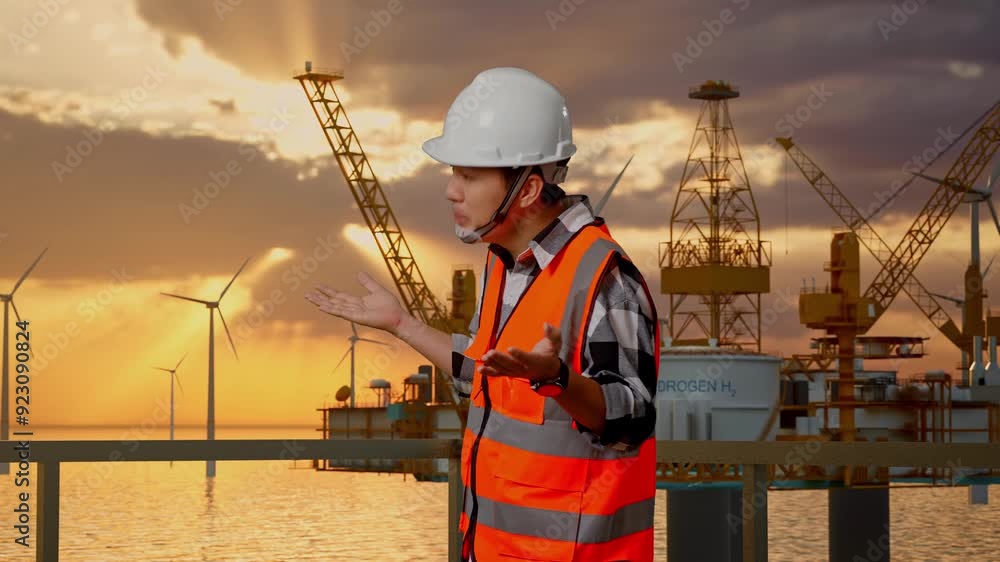 Side View Of Wondering Asian Male Engineer With Safety Helmet Saying Why Working Doubtfully With Offshore Hydrogen Production Side View Of Wondering Asian Male Engineer With Safety Helmet Saying Why Working Doubtfully With Offshore Hydrogen Production